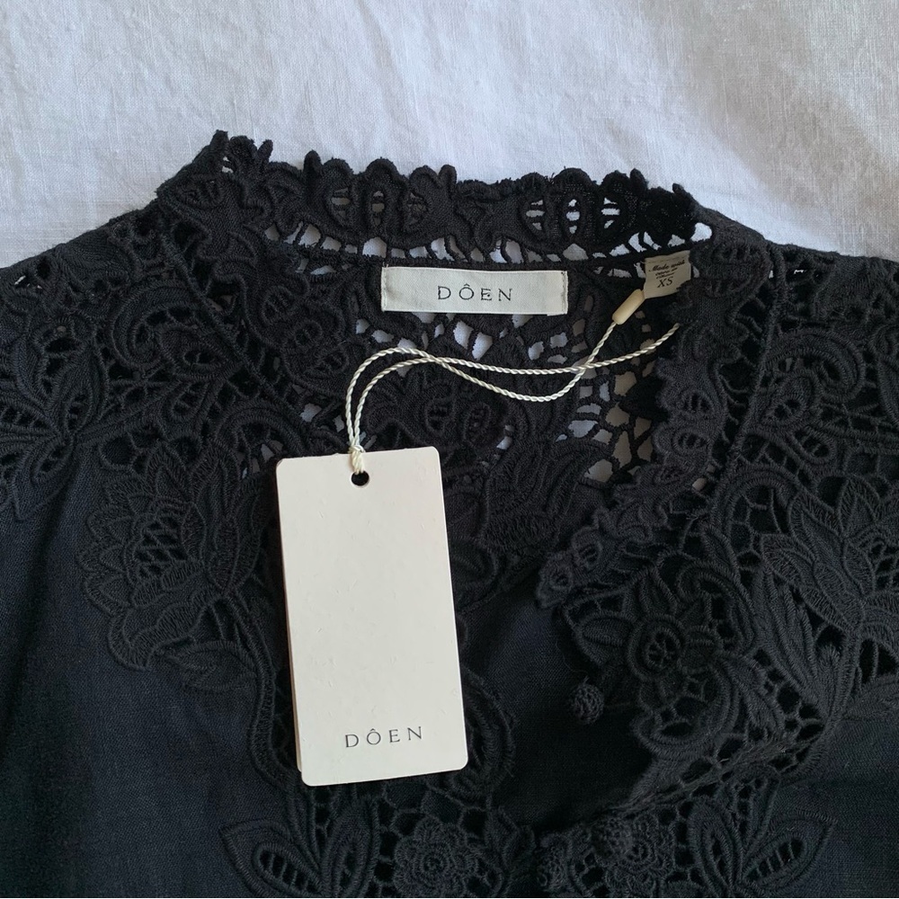 NWT Doen Roselie Linen Lace Crochet Collar 3/4 Sleeve Tunic Mini Dress Black - Picture 11 of 16